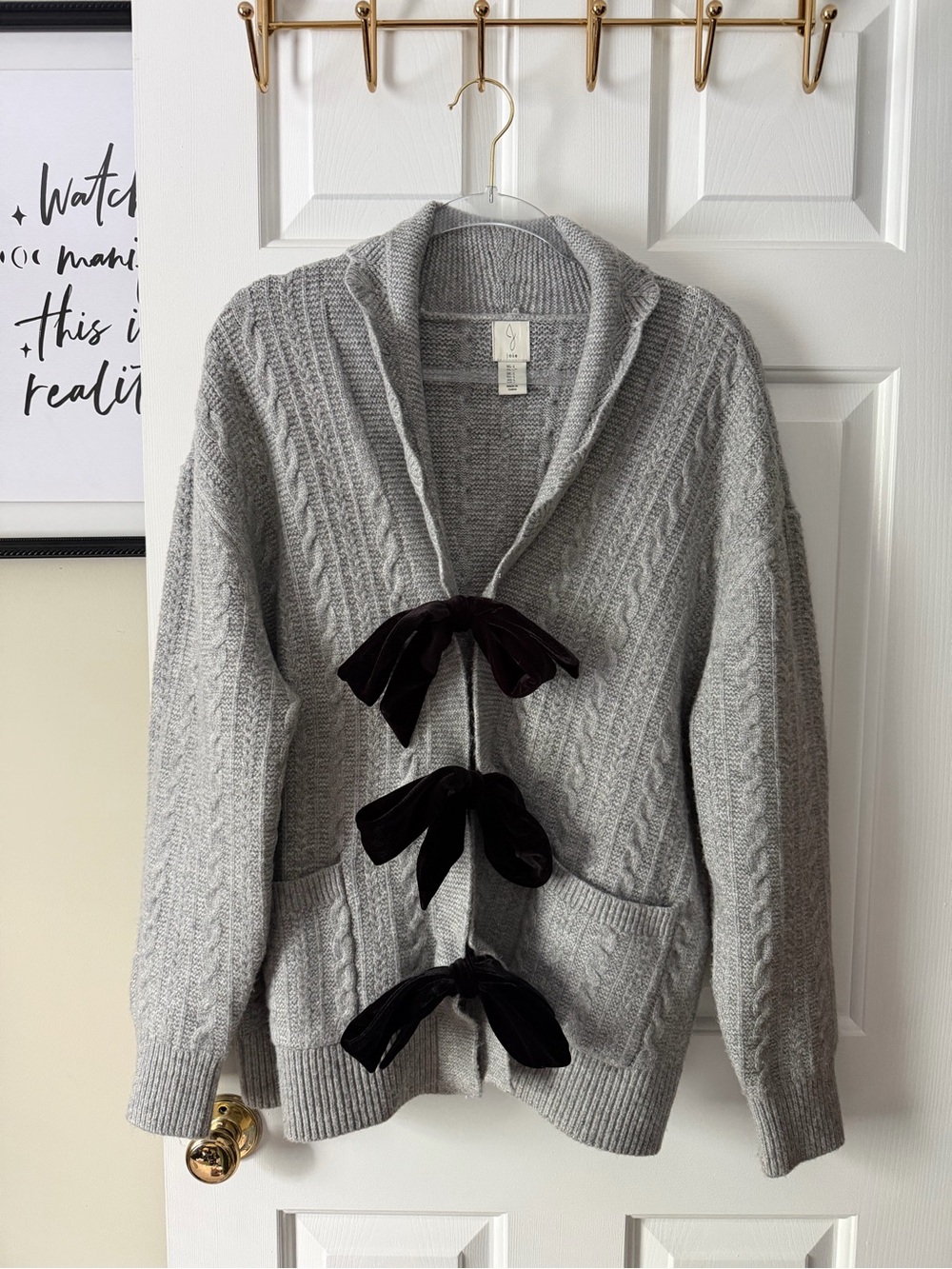 Joie Gray Cable-Knit Shawl Collar Sweater with Velvet Bow Closures